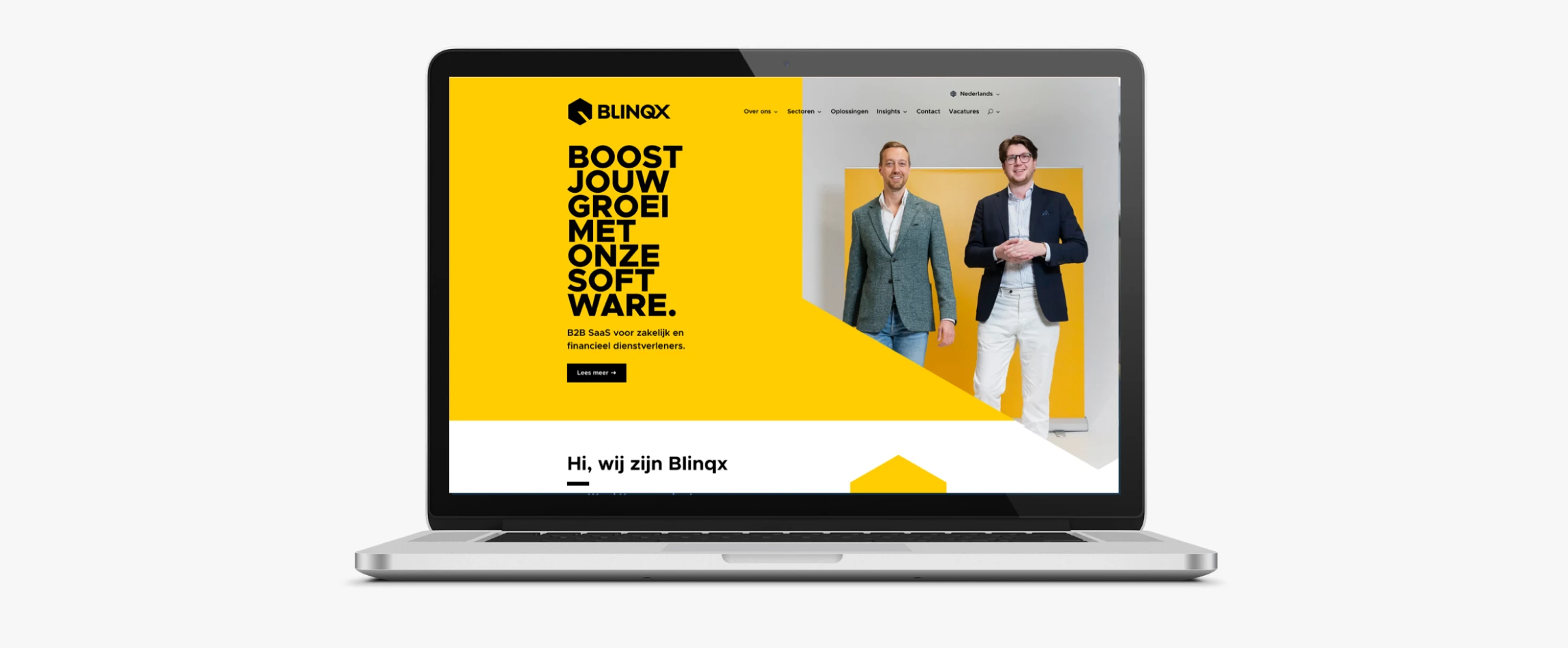 De nieuwe website van Blinqx op een laptop, met de campagneslogan 'Boost jouw groei met onze software'